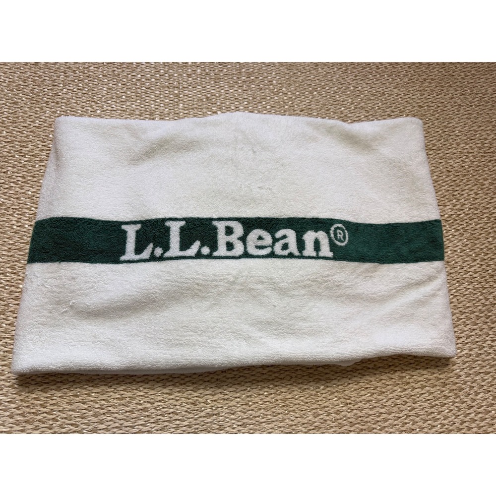 Vintage L.L. Bean White Green Logo Beach Towel 100% Cotton Made in Turkey 59x37
